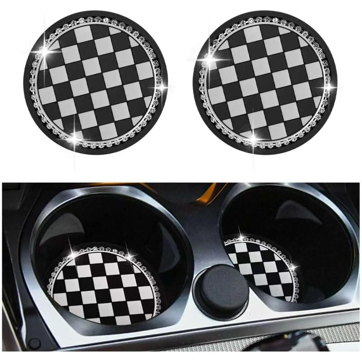 2026  Checkered  Cup Coasters,2.75-Inch Bling Cup Holder Coasters for  with Rhinestones,Non-Slip  Coaster for Cups Holders  Interior Accessories (Black)