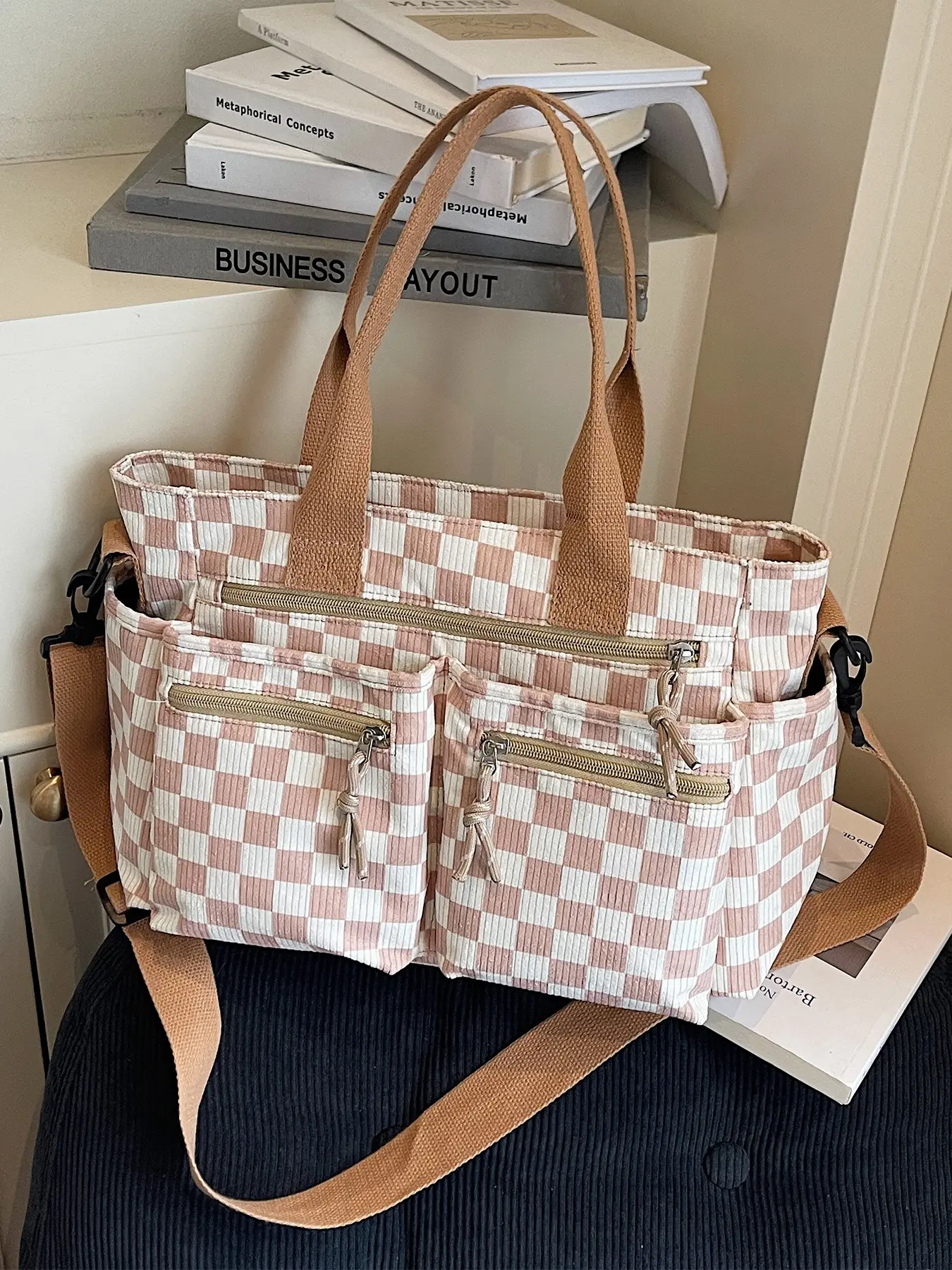 Large Capacity Checkerboard Pattern Tote Bag, Fashion Commute Versatile Handbag, Casual Crossbody Backpack, All-Season Fabric Bag
