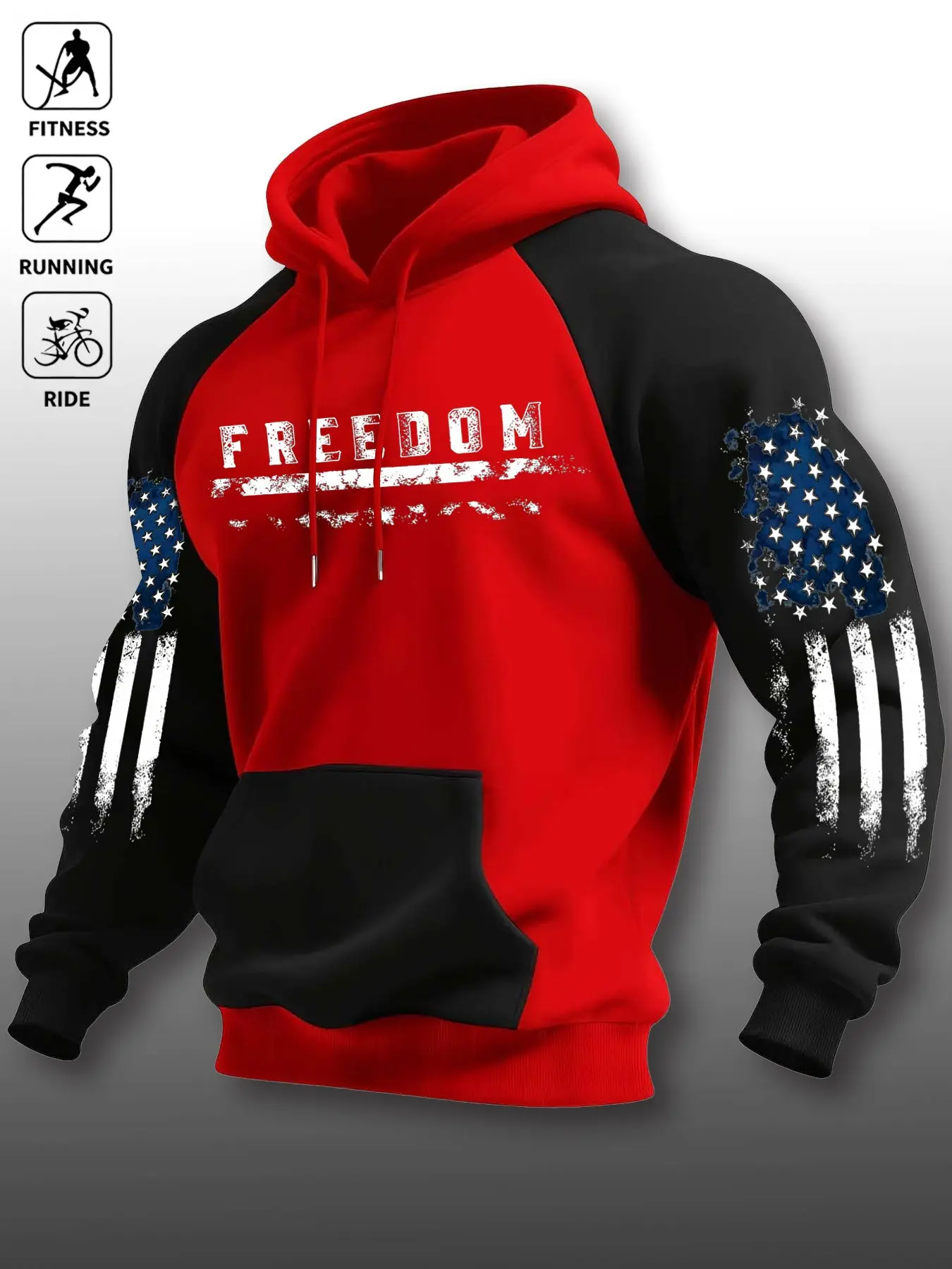 Men's Colorblock Hoodie with Kangaroo Pocket, American Vintage Patriotic Style, Star Flag Letter Print, Loose Fit, Fall & Winter Top