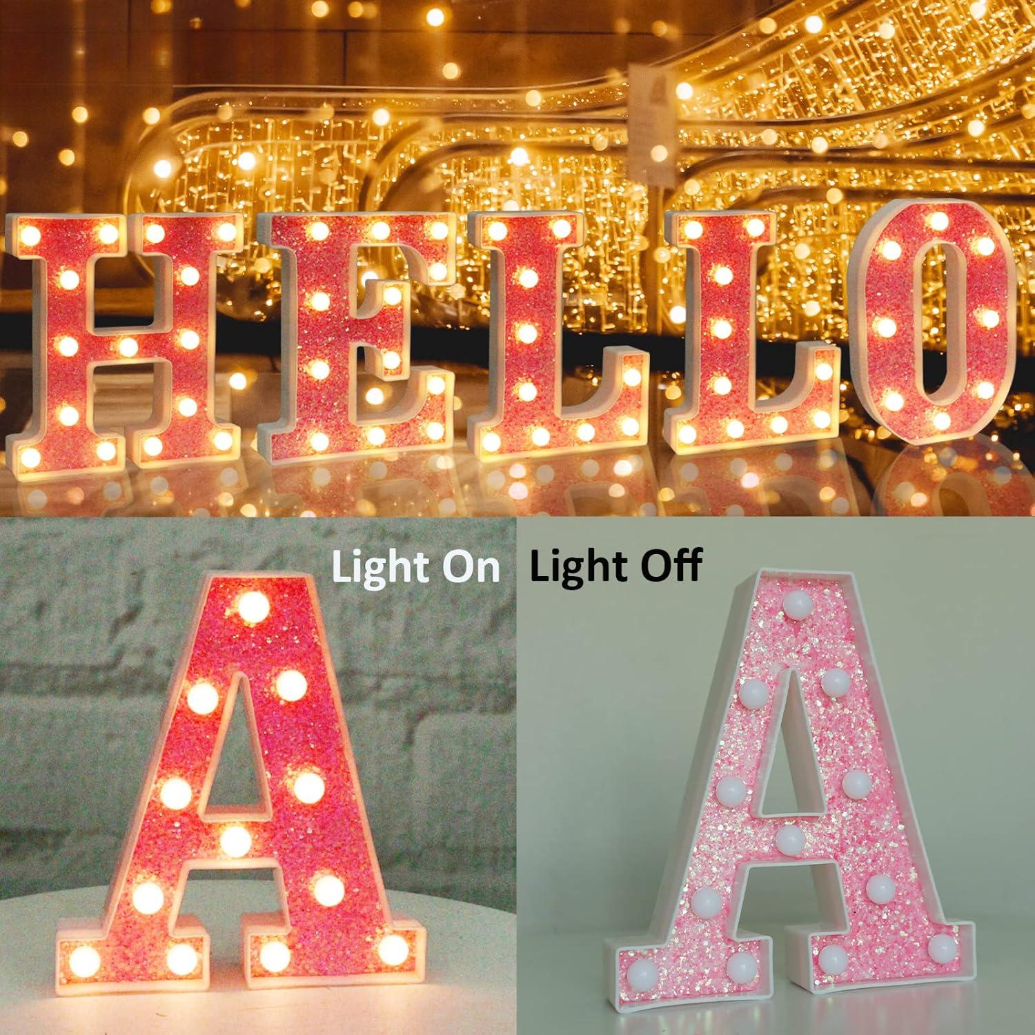 SUNDAY MIRTH LED Marquee Letter Lights, Light Up Pink Letters Glitter Alphabet Letter Sign Battery Powered for Night Light Birthday Party Wedding Girls Gifts Home Bar Christmas Decoration, Pink Letter A