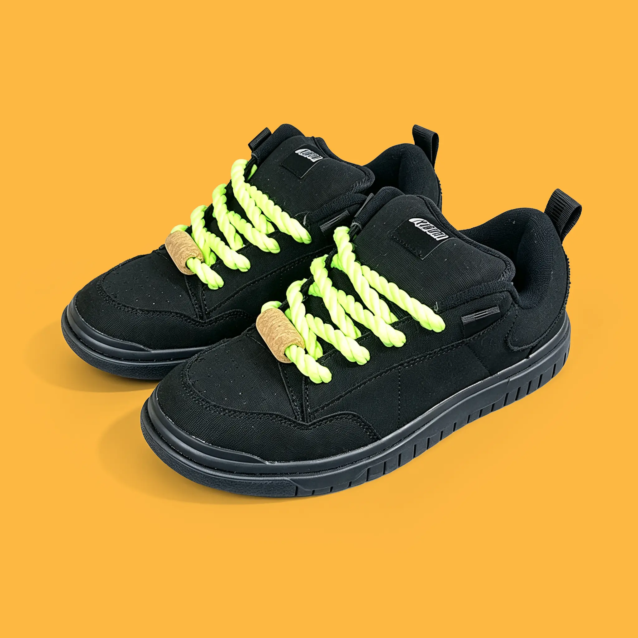 Unisex Matte Black Chunky Platform Skate Footwear - Trainer, Closed Sports Shoes, Walking Shoes with Neon Green Thick Rope Laces for Men, Women Teens