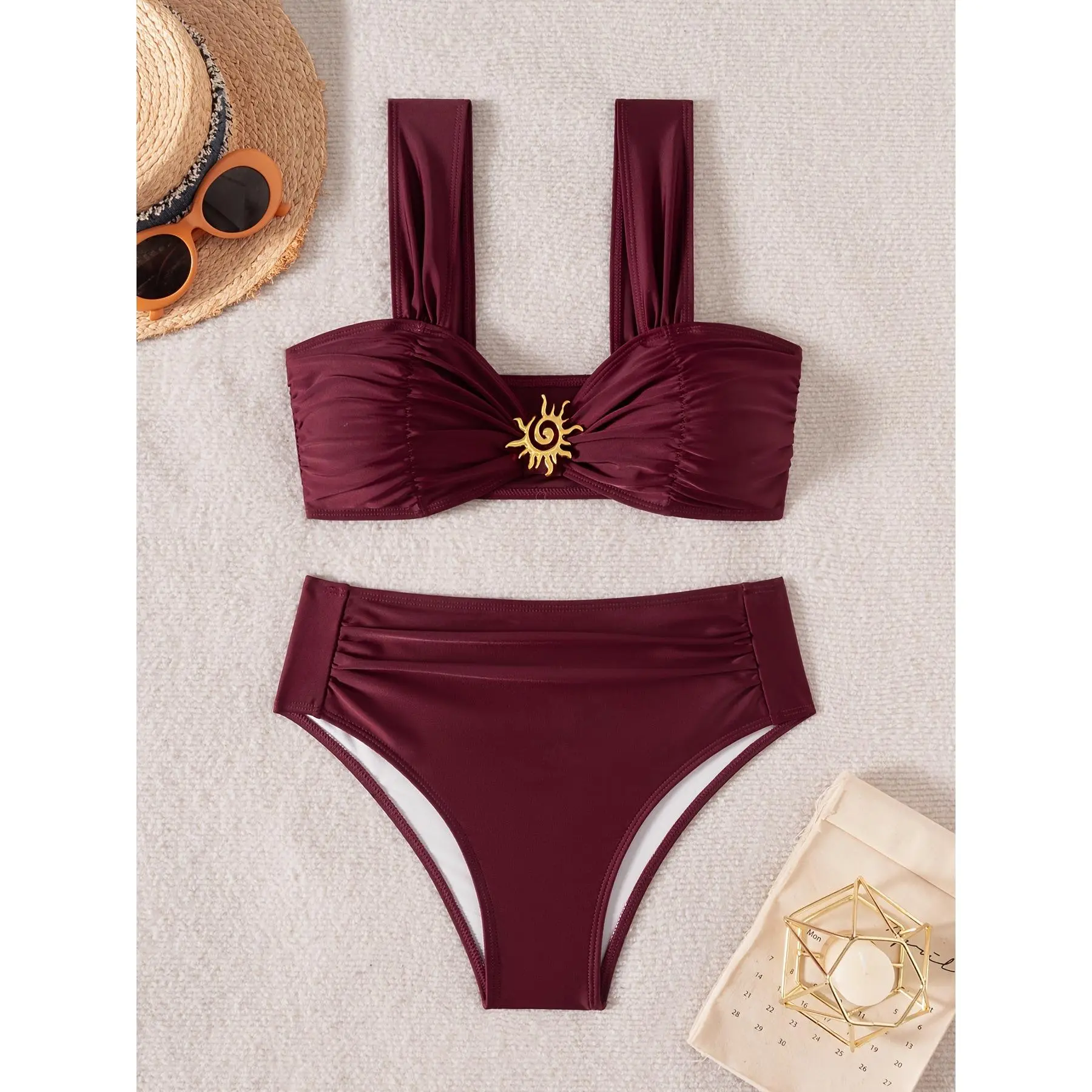 Women's Vintage 2-Piece Pleated Waist High-Rise Bikini Set, Beach Wear with Push-Up Built-In Bra Cups and Metal Sun Ornament
