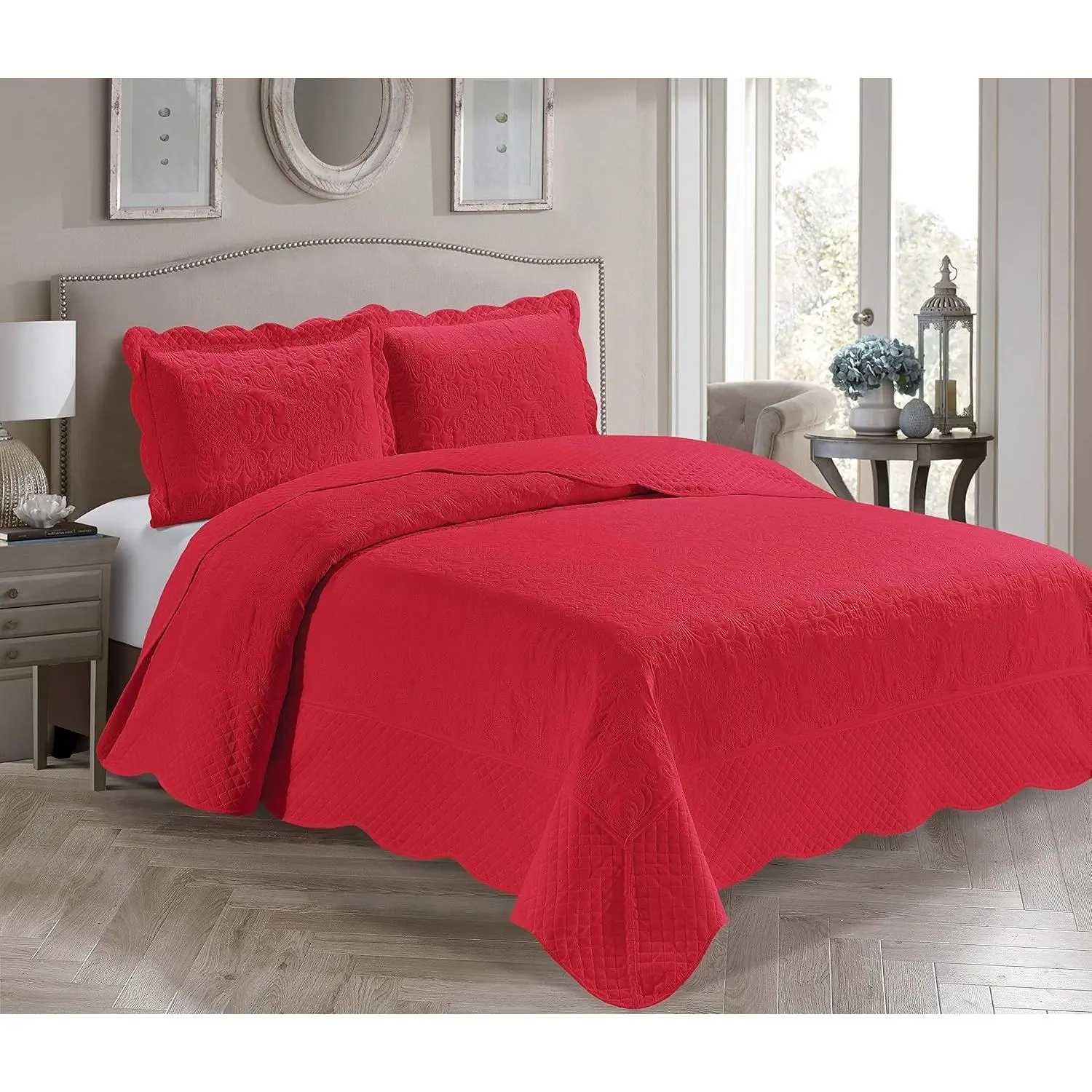 3 Piece Over Size Embossed Solid Color Coverlet Bedspread New # Veronica (Red, Full/Queen)