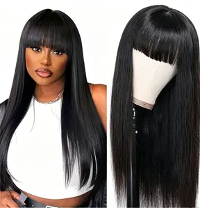 Straight Bang Wig Virgin Remy Human Hair Glueless Wig Natural Black Silky Straight Hair Full Bangs Wig Soft Smooth Straight Texture Ready to Wear No Lace No Glue Beginner Friendly Human Hair Wig for Black Women