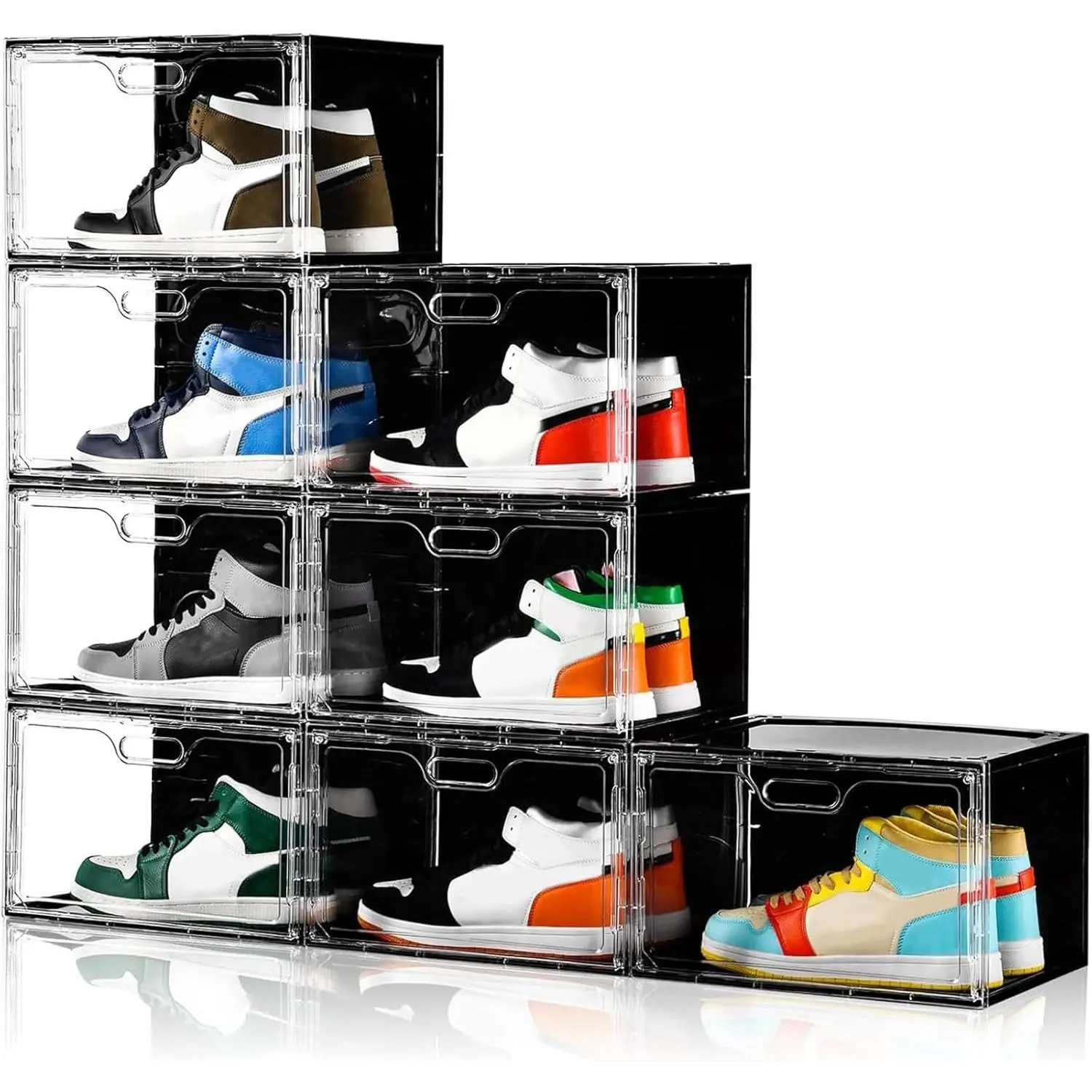 New 8 Pack Shoe Boxes Stackable, Large Shoe Storage Organizer with Lids, Drop Side Shoe Containers for Entryway, Sneaker Storage Fit up to US Size 13 for Men/Women(13’’x 10.6”x 8.3”)