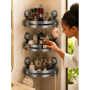 Strong Suction Cup Corner Shower Shelf, Bathroom Organization, Punch Free Bathroom Storage Rack with Drainage Basket and Hook Design, Removable Wall Mounted Organizer for Bath Products Perfume Toiletries, Home Storage for Apartment Toilet Washstand