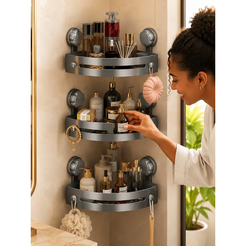 Strong Suction Cup Corner Shower Shelf, Bathroom Organization, Punch Free Bathroom Storage Rack with Drainage Basket and Hook Design, Removable Wall Mounted Organizer for Bath Products Perfume Toiletries, Home Storage for Apartment Toilet Washstand