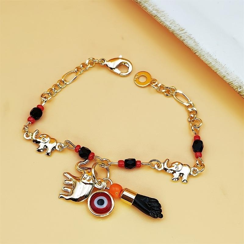 1pc Fashion Animal Charm Bracelet, Alloy Chain with Elephant and Evil Eye Pendants, Multi-Color Beaded Jewelry, Gift for Women