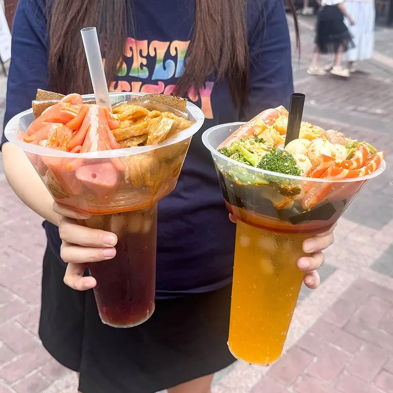 5/10pcs Snack and Drink Cups with Straw, Transparent Plastic Stadium Glass Cups with Snack Bowl Lid, Disposable Party Cups for Movie Night, Road Trip, Stadium, Clear Cups with Lids and Straws