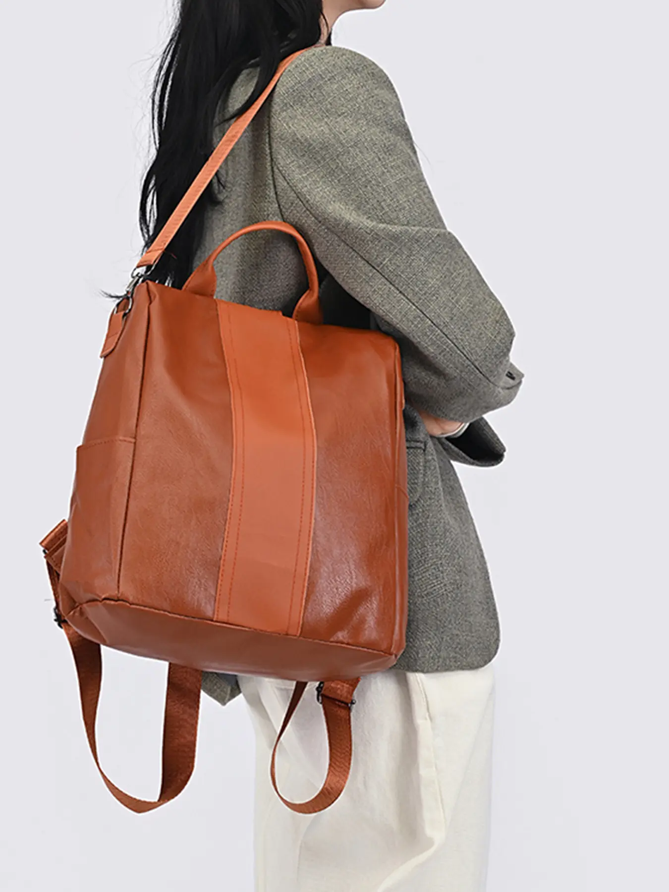 New Retro Trendy Travel Casual PU Leather Backpack, Square Design, Large Capacity, Lightweight, Suitable for Travel, Daily Commute, Students, Shopping