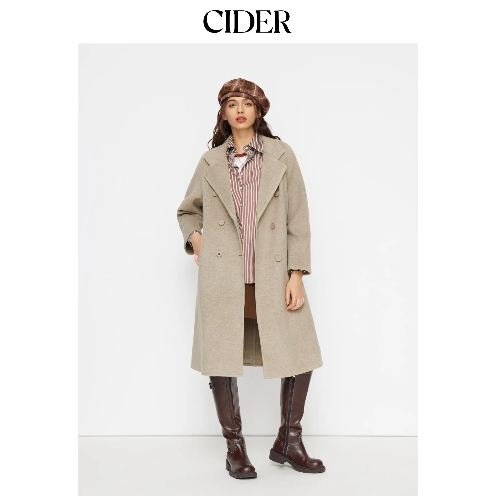 Cider Double-Faced Wool-look Notched Collar Double Breasted Longline Coat With Belt SohoChic