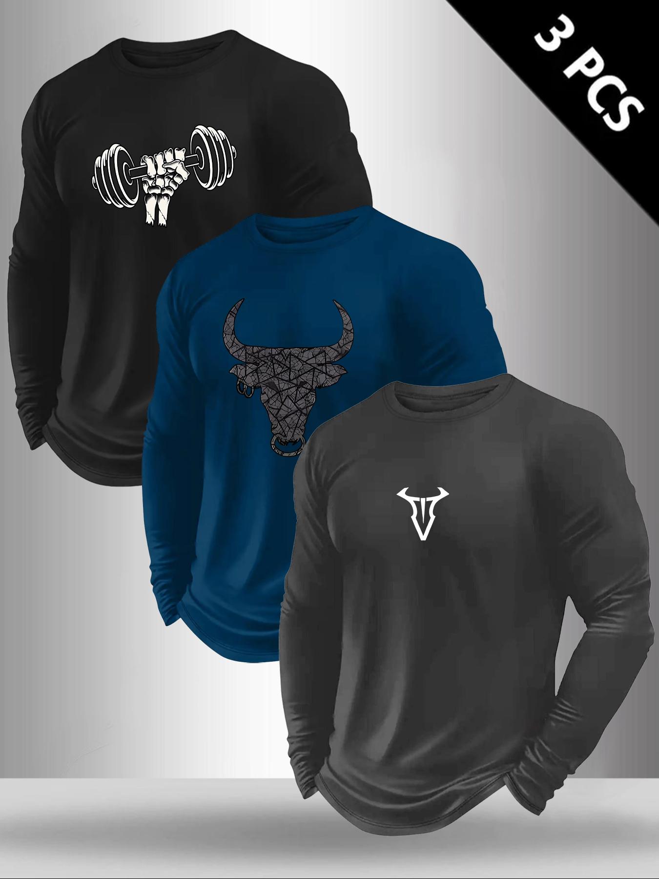 Men's Classic 3-Piece Set with Bull Pattern Print Long Sleeve T-Shirt, Casual Spring & Fall Layering Top, Fitted Comfortable Attire, Athletic Sports Clothing