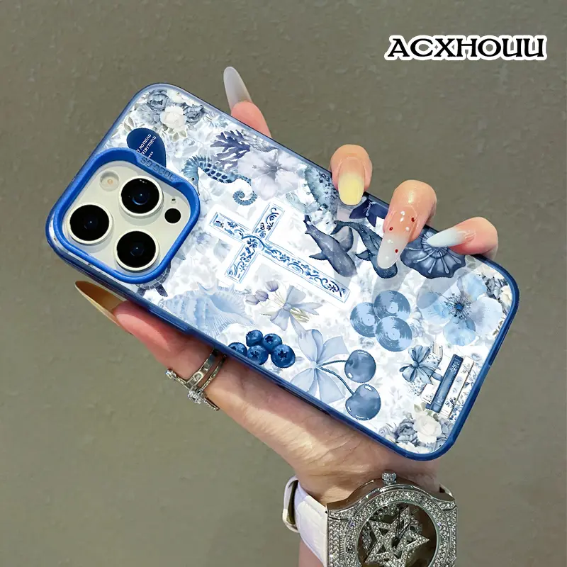 Softcase for iPhone 17 16 E Pro Max 15 Plus 14 13 12 11 XS XR Ocean Faith Blue Cross Coquette Pastel Design Shockproof Lightweight Protective Case