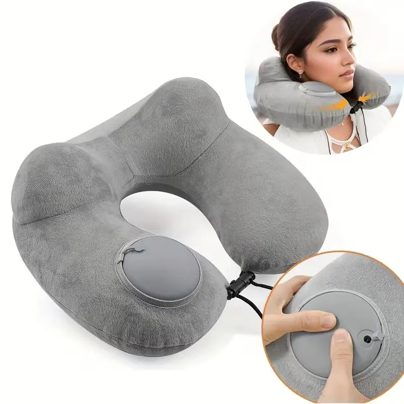 Portable Inflatable U-Shaped Neck Support Pillow, Casual Travel Pillow, Detachable Cover, Zipper, Ideal for Side Sleeping