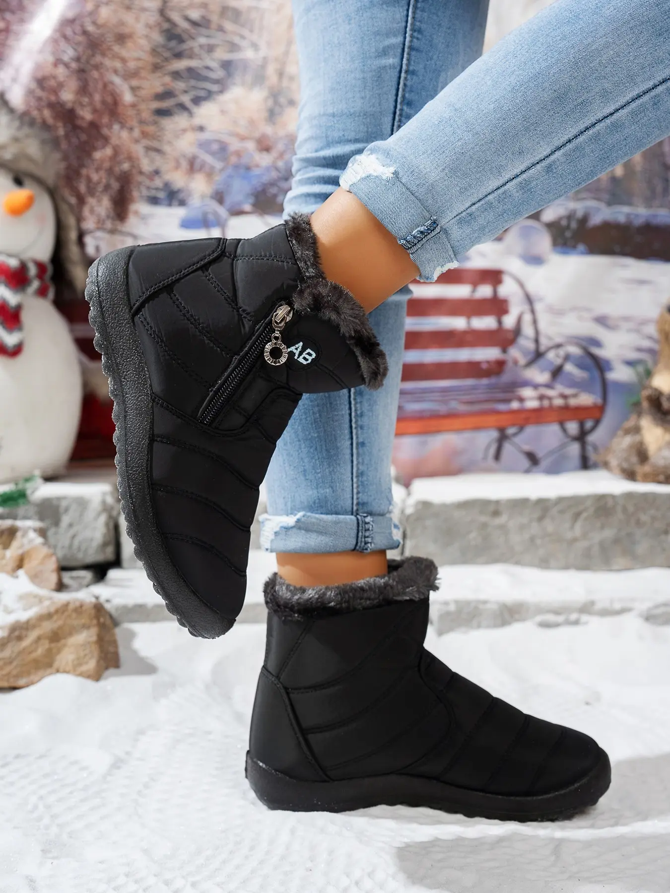 Women Winter Ankle Snow Boots, Water Resistant Side Zipper Short Booties, Fuzzy Lined Non Slip Outdoor Winter Shoes for Walking Daily Cold Weather Wear