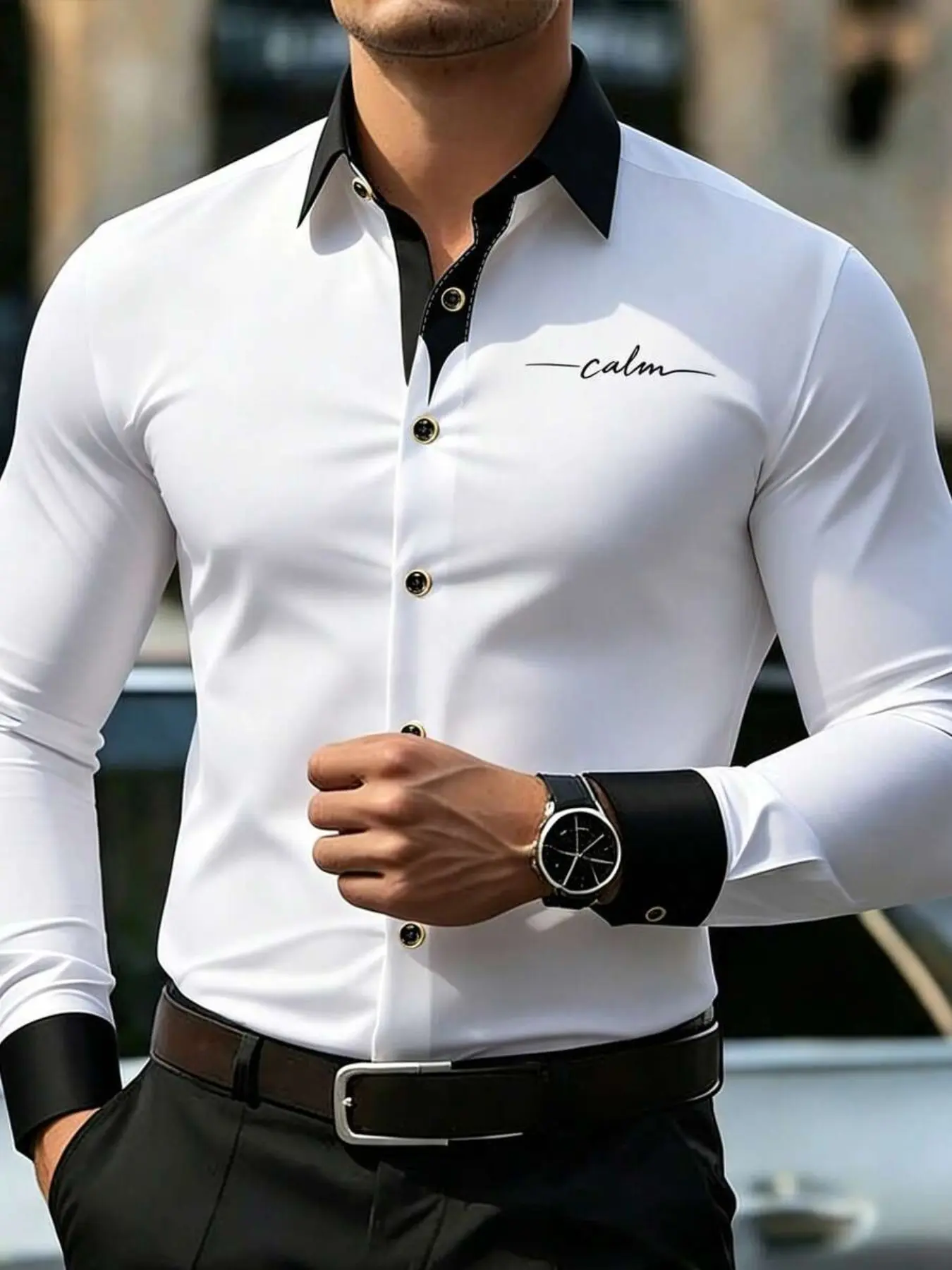 Men's Digital Print Unique Design Patchwork Button Front Shirt, Casual Fitted Top, Plain Surface, All Seasons, Full Placket, No Zipper