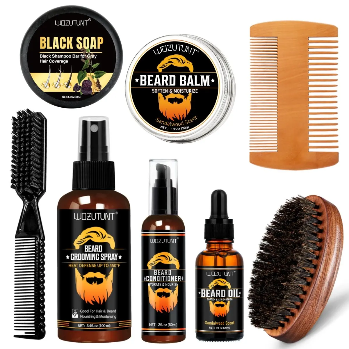 Men's Beard Care Grooming Kit 8-In-1 Complete Beard Kit, Includes Beard Oil, Balm, Conditioner, Spray, Soap, Brush, Comb, Perfect Gift for Father's Day, Birthday, Christmas