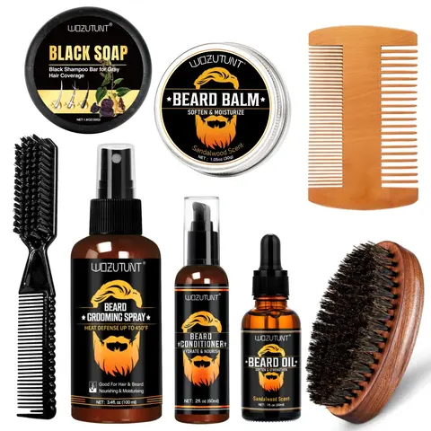 Men's Beard Care Grooming Kit 8-In-1 Complete Beard Kit, Includes Beard Oil, Balm, Conditioner, Spray, Soap, Brush, Comb, Perfect Gift for Father's Day, Birthday, Christmas