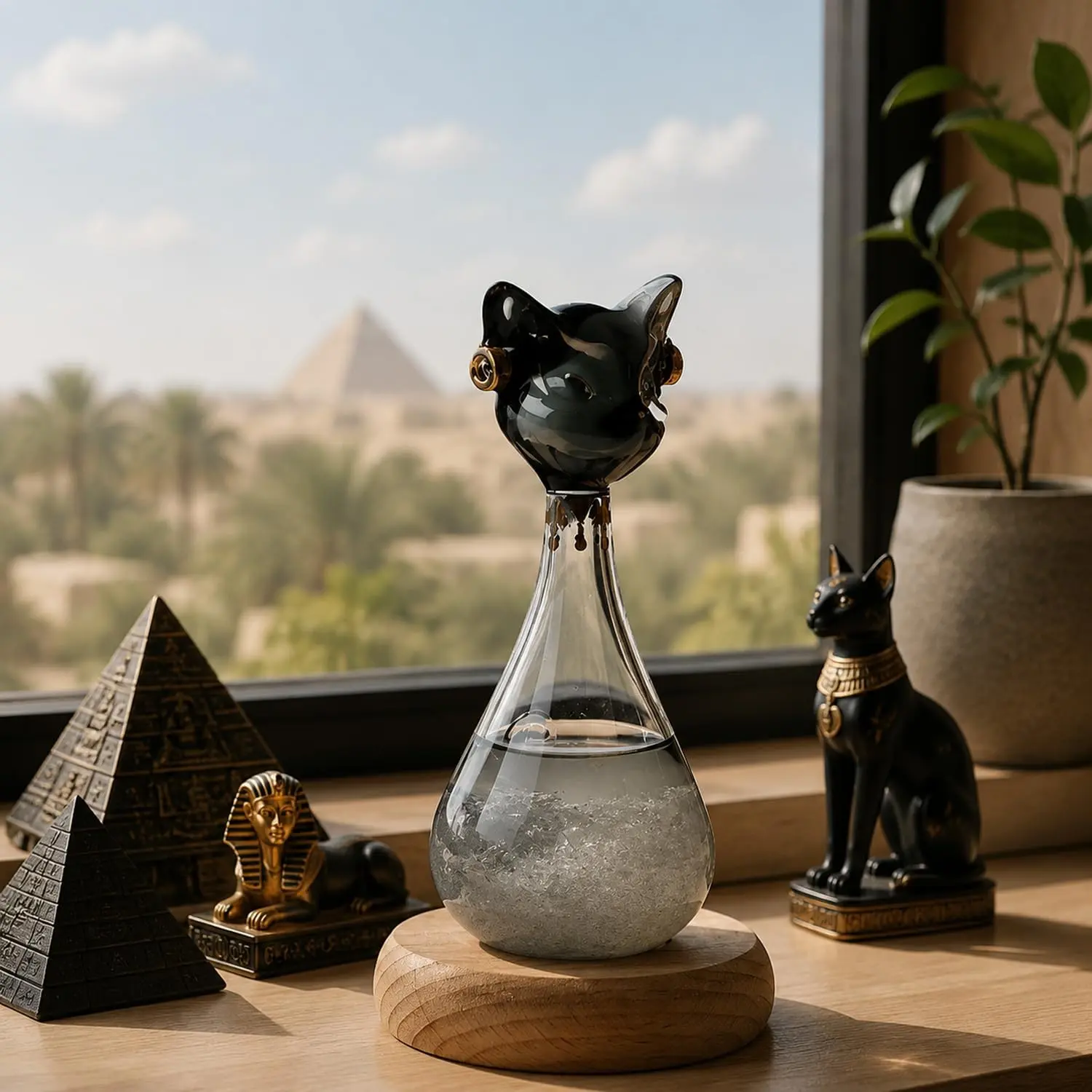 Egyptian-Inspired Cat Storm Glass Weather Predictor with Wooden Base, Decorative Crystal Weather Indicator Bottle, Unique Desk Decor Gift for Cat Lovers, Home Office Shelf Decoration, Black