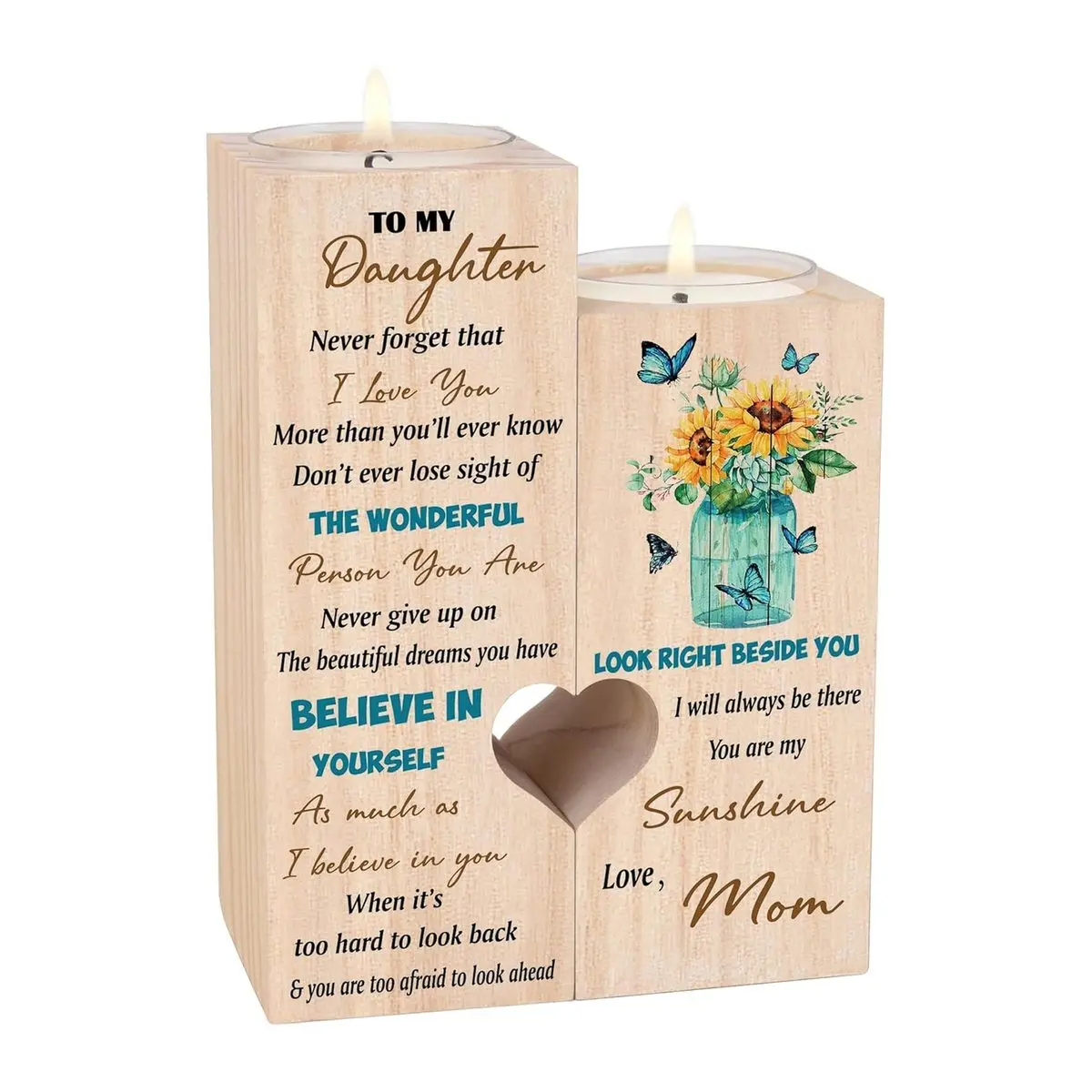 Engraved Warm Message Natural Pine Candle Holder Decor Light - Home & Festive Party Supplies, Gift Giving Present for Daughters from Mom (Christmas, Graduation Occasions), Engraved Words, 3.5 Inch Width