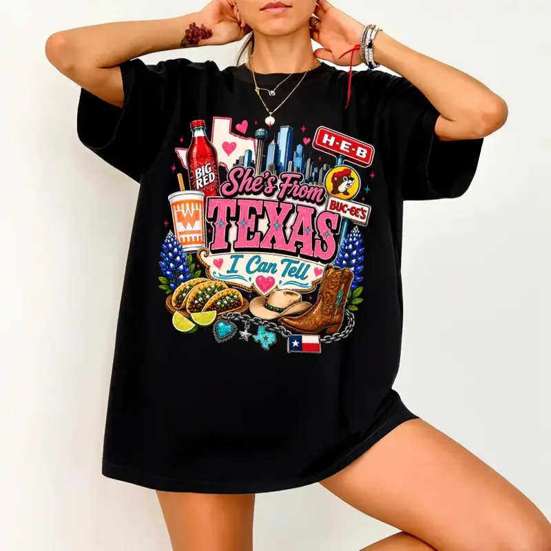 Vintage style "She's from Texas, I can tell" red shirt, vintage style "She's from Texas" western shirt, basketball fan shirt, game day shirt, available in all colors, sizes range from S to 3XL