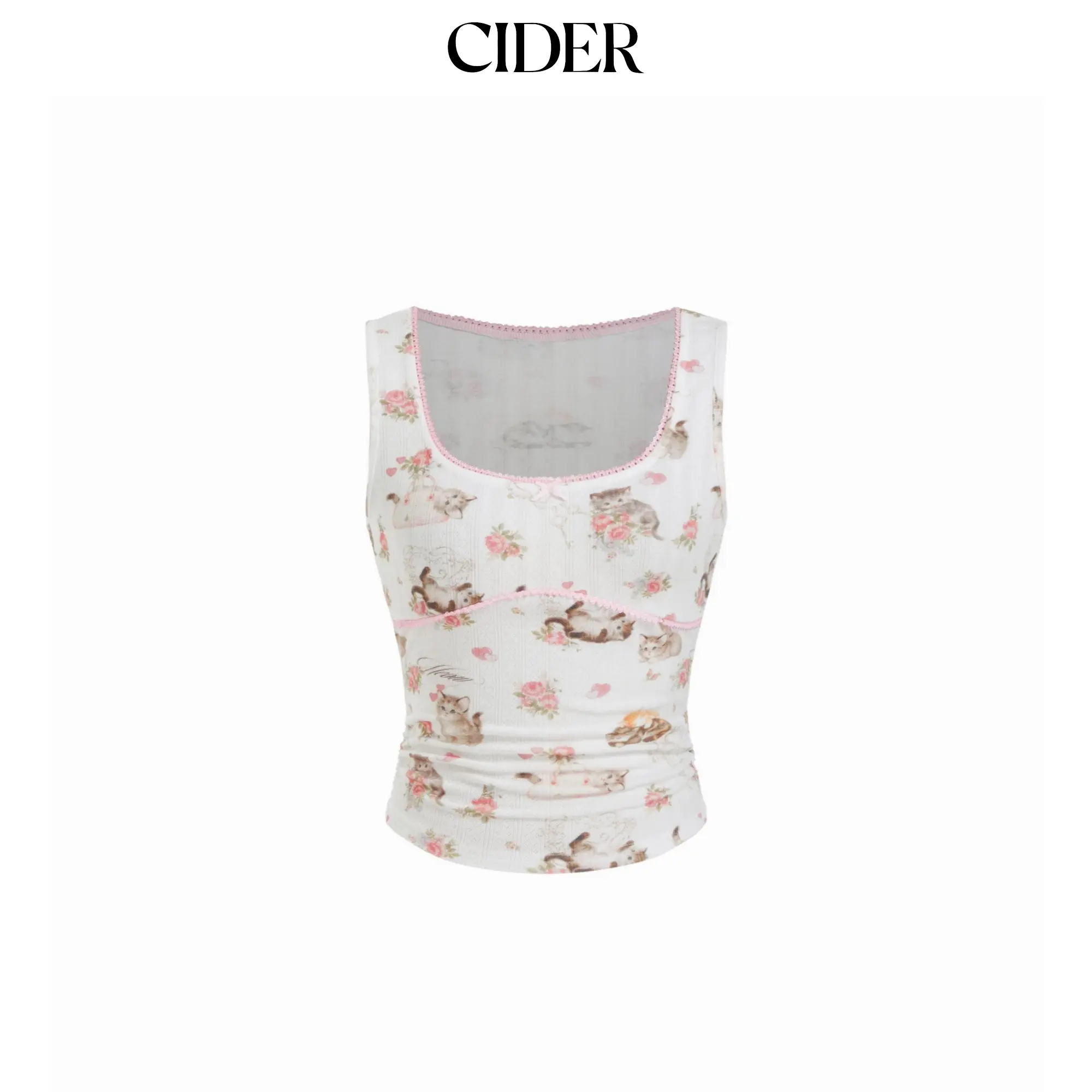Cider Cat & Floral Graphic Square Neck Lace Trim Bowknot Tank Top