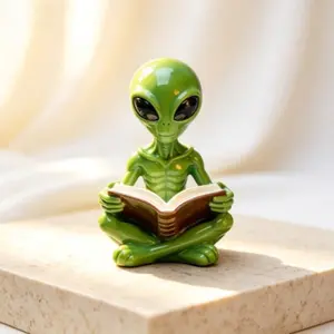 Glossy Green Meditating Reading Alien Resin Statue, UFO Sci-Fi Book Nook Figurine, Dark Academia Desktop Decor Gift for Book & Space Lovers