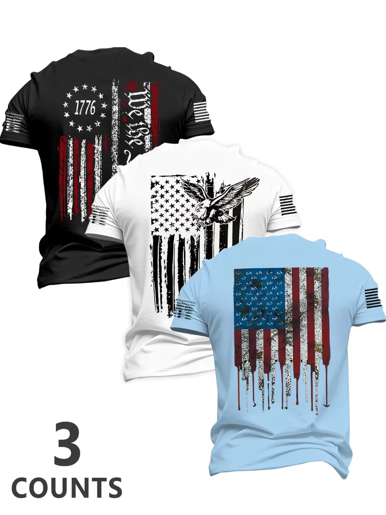 Men's 3 Pack Vintage Distressed American Flag Eagle Print Short Sleeve T-Shirt, 1776 We The People Patriotic Back Graphic, USA Flag Cuff Detail, Soft Breathable Cotton, Outdoor Hunting, Daily Patriotic Streetwear, All-Match Casual Graphic Tee for Men