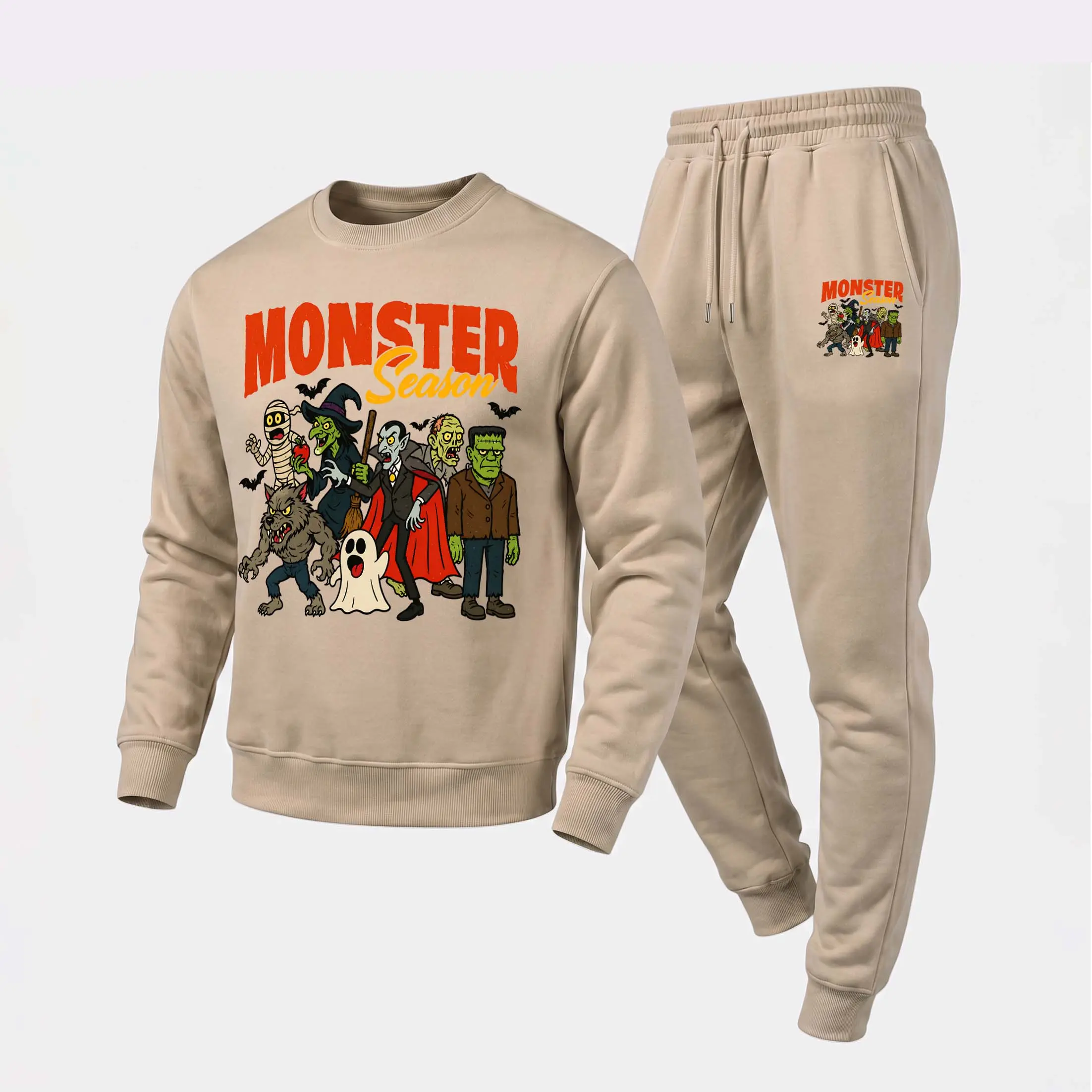 Men's Vampire, Frankenstein's Monster Halloween Crewneck Sweatshirt and Jogger Pants Set, Casual Long Sleeve Pullover with Drawstring Sweatpants, Fall Winter Tracksuit for Daily Wear, Travel, Lounge, Workout and Indoor Outdoor Activities