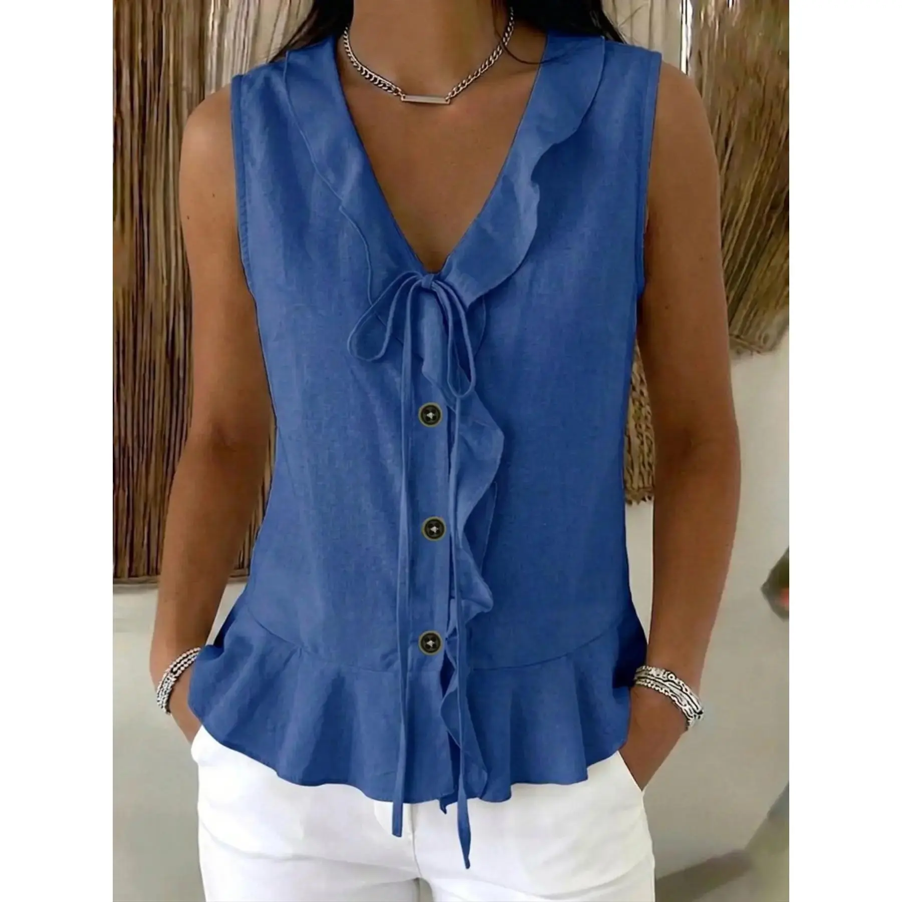 Women's 8 Color Options V-Neck Ruffle Tie Backless Sleeveless Top, Casual Leaf Hem Shirt Blouse, Comfortable Daily Wear