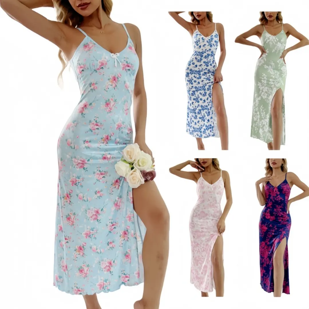 Women's Chic Floral Patchwork Sleep Dress, Long Length Summer Nightgown with Adjustable Spaghetti Straps and Side Split Hem