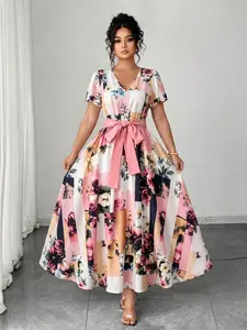 Plus Size Women's V Neck Geometric Print Floral a Line Dress, Waist Cinch Belt, Short Sleeve, Midi Length, Elegant for Dates, Weddings, Daily Events