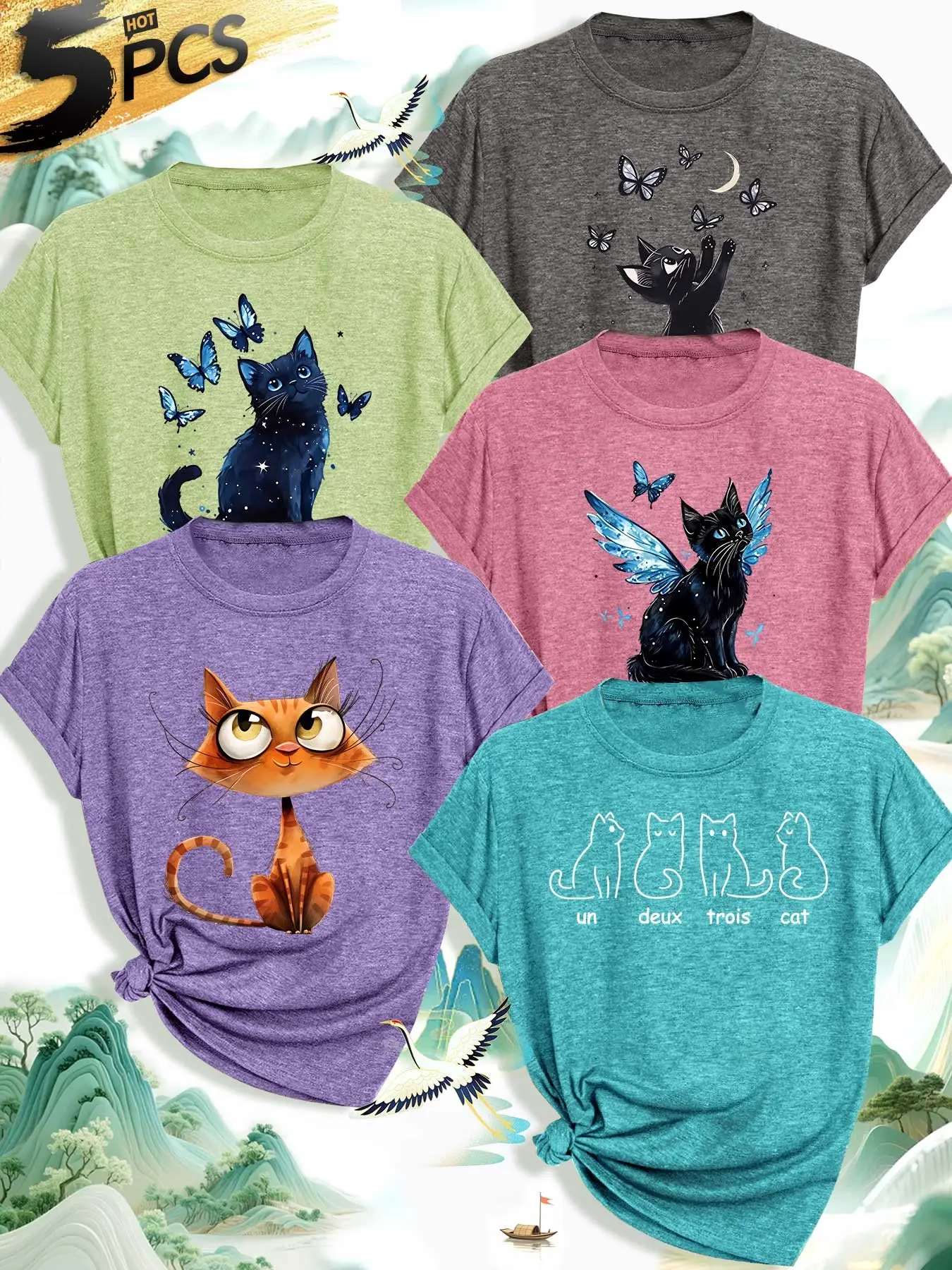 5-Pack Women's Round Neck Short Sleeve T-Shirts, Dreamy Cat Butterfly Starry Print, Soft Comfortable Summer Casual Tops
