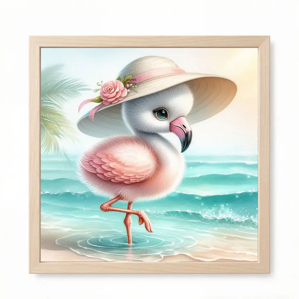 A 2D Flat Frameless Handmade DIY Diamond Painting Kit - Cute Healing Fresh Seaside Style, Pink Flamingo with Straw Hat, Waves Beach Palm Leaves Full Drill Decorative Art, Perfect for Home Living Room Bedroom Wall Decoration