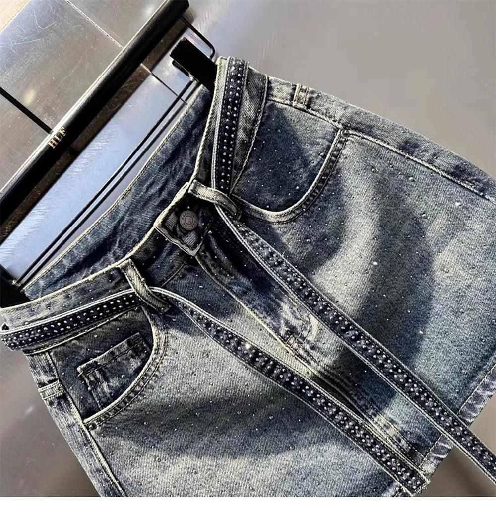 Oversize Retro Diamond Denim Mini Skirt for Women Summer High Waist Shiny Rivet Slim Skirts Gradient Black Grey Jean Skirts, Womenswear Bottom Palda Basic Minimalist