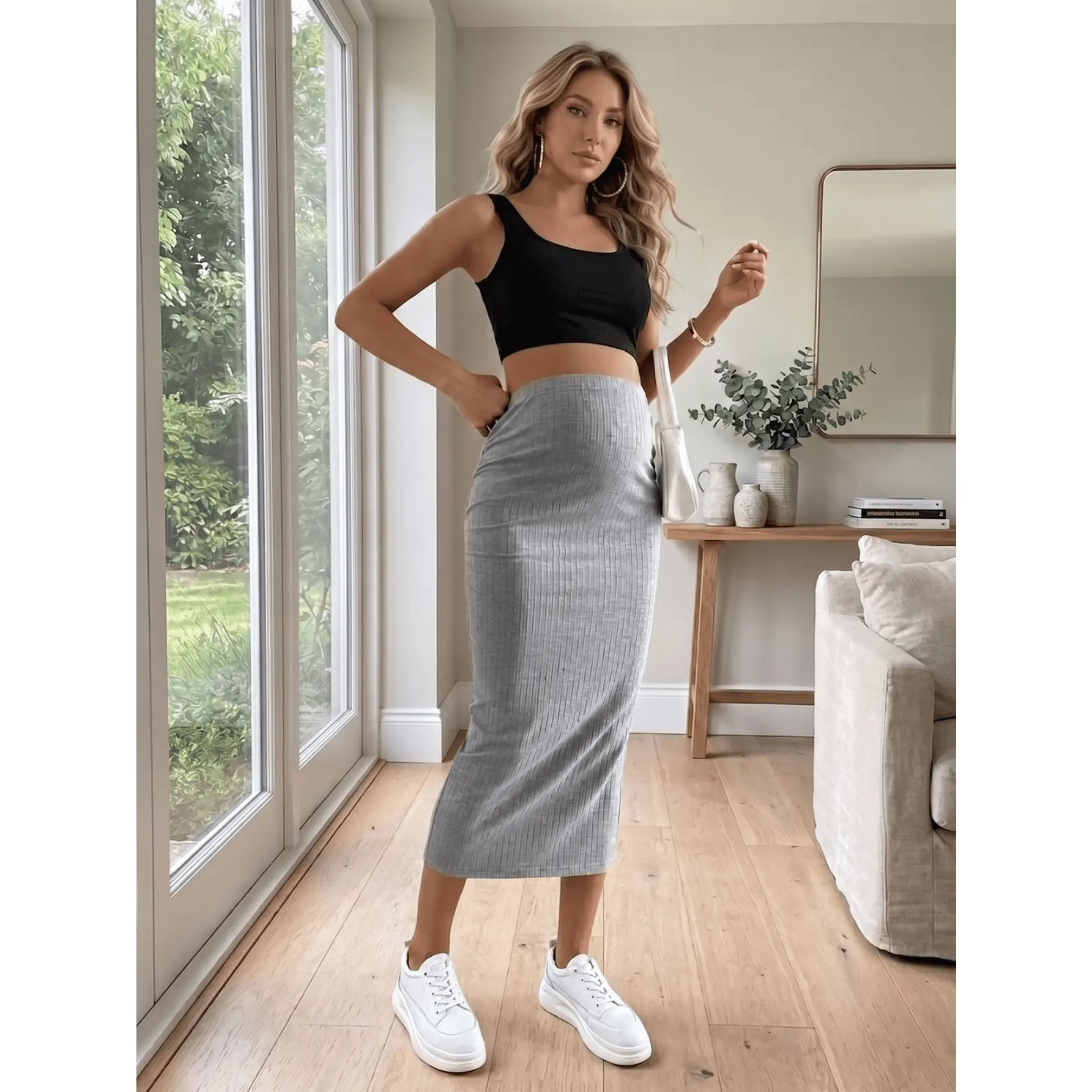 Women's Maternity Grey Dress - Summer, Comfortable, Casual, Versatile, Slim-Fit, High Stretch, Polyester Knit, Hip-Hugger Cut, Bump-Friendly, Modest Party Wear, Maternity Fashion, Pregnancy OOTD