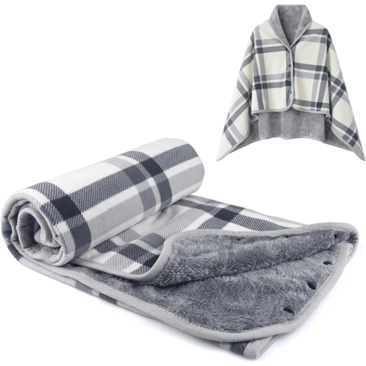 Fleece Wearable Blanket,  Lap Blanket Comfy Poncho Throw with Buttons for Bed Sofa Office, Grey-White
