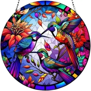 Acrylic Hanging Home Farmhouse Window Decor Pendant - 3 Colorful Hummingbirds Stained Glass Ornament, Perfect for Office, Room, Kitchen, and Garden Decoration, Ideal Gift for Family and Friends,Large