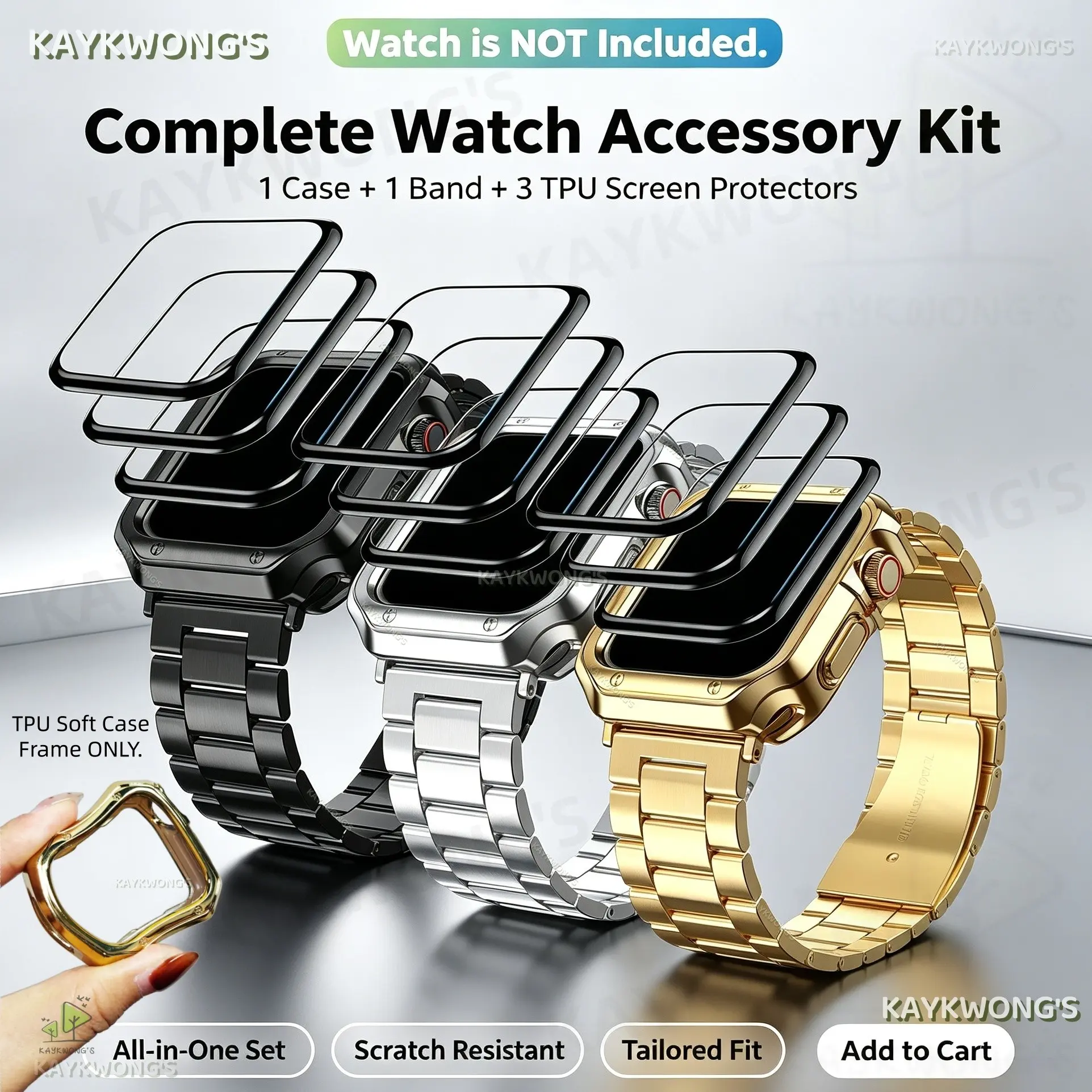 KAYKWONG'S Watch Band Accessories Set, Include 1 Stainless Steel Metal Strap, 1 Polished TPU Case (Frame Only) & 3 TPU Soft Surface Protection Films，Fit For iWatch Series 11/10/9/8/7/SE2/SE/6/5/4/3/2/1, Smart Watch Accessories for 38-49mm, Wearable