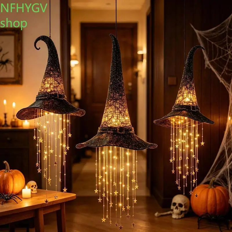 Hanging Witch Hat Halloween Decoration with Star Dangles, Black Curved Tip Hat Ornament with Buckle Detail, Spooky Seasonal Accent for Entryways, Windows and Halloween Party Displays