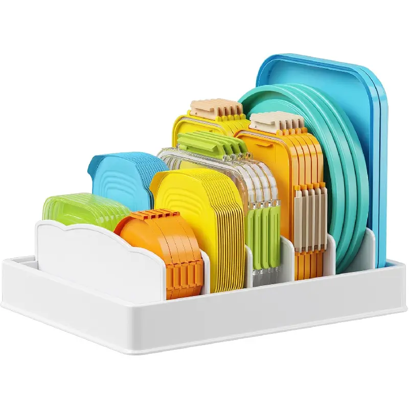 Kitchen Cabinet Organizer for Food Contanier Lid, Lid Holder with 6 Adjustable Dividers & 7 Sections for Pantry Organizers and Storage, Home Drawer Organization, Large, 13" x 10"