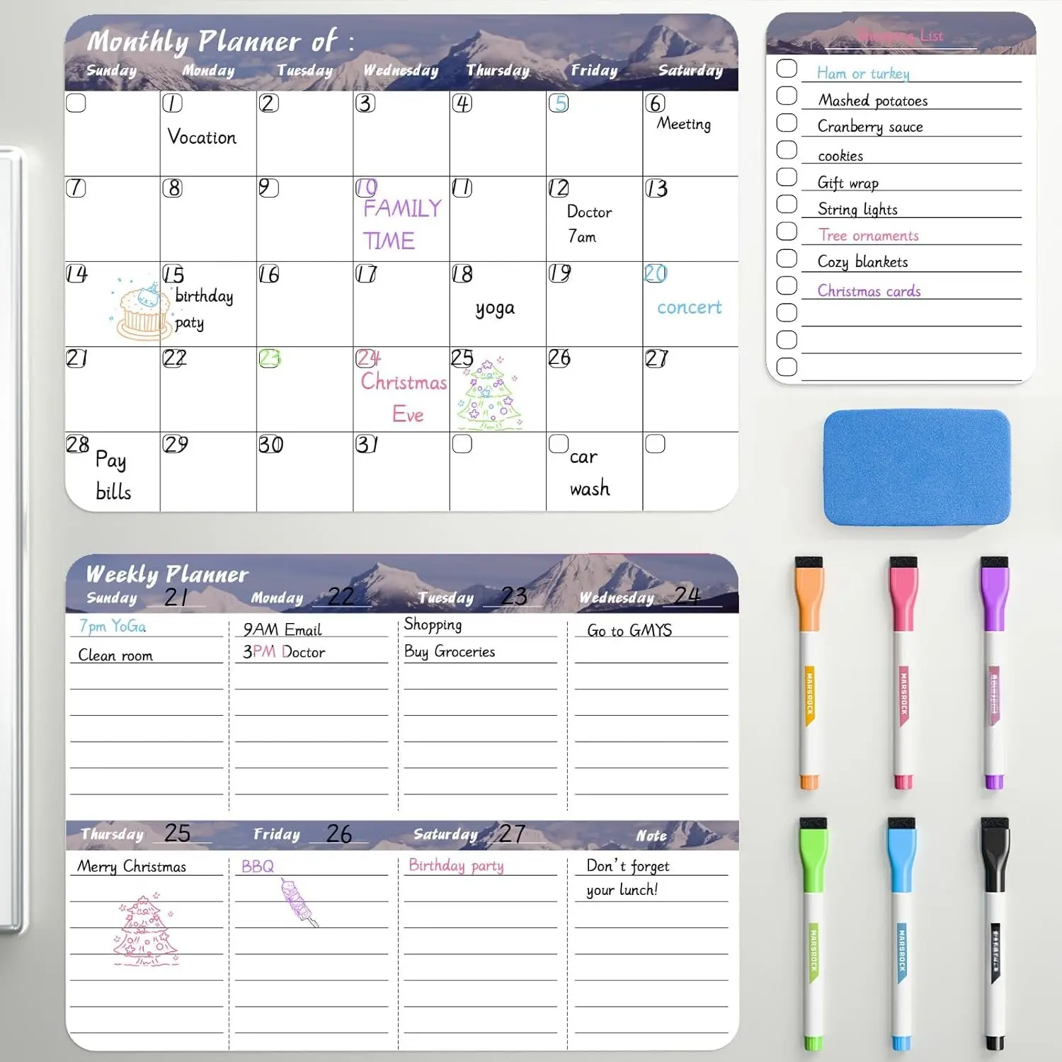 Dry Erase  Calendar for Refrigerator (3 Pack) - Monthly & Weekly & Daily Planner  Whiteboard for Fridge - Shopping, , Meal/Menu, Planning Board, 14"x11", Grey