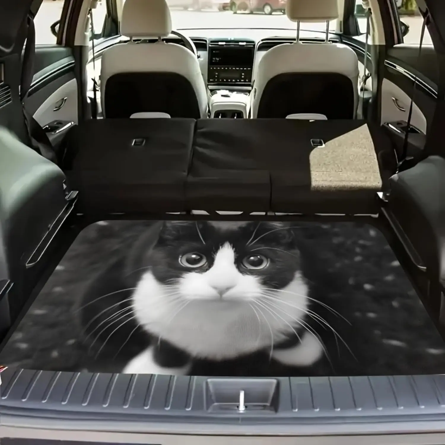 Universal Car Trunk Mat 29" x 39", Black White Cat All Weather Trunk Protection Cargo Liner, Durable Cargo Mat Rear Trunk Liner, Stylish Vehicle Interior Accessories Suitable for Most Car Models