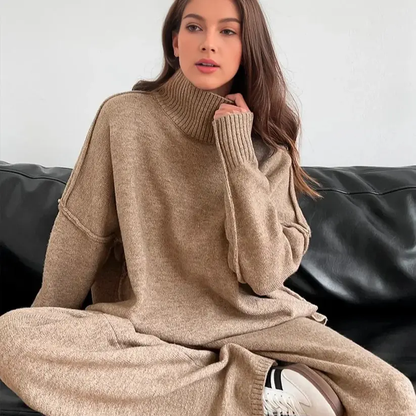 Women's 2-Piece Basic Turtleneck Long-Sleeve Knit Sweater Set, 2026 Autumn-Winter New Casual Lazy Style Solid Color Loose Fit Women's Clothes with Pants