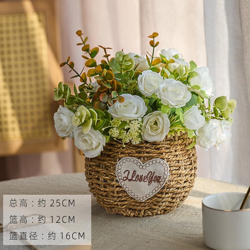 Rose & Sunflower Arrangement with Woven Grass Basket, Faux Floral Decor for Living Room & Dining Table White Babys Breath Bouquet