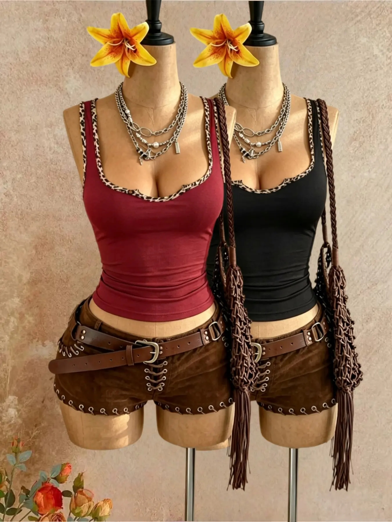 Women's Y2K Leopard Print Colorblock U-Neck Tank Top Set, Summer Sleeveless Slim Fit Short Crop Top, Cropped Tops, Casual Basic Outerwear Vest