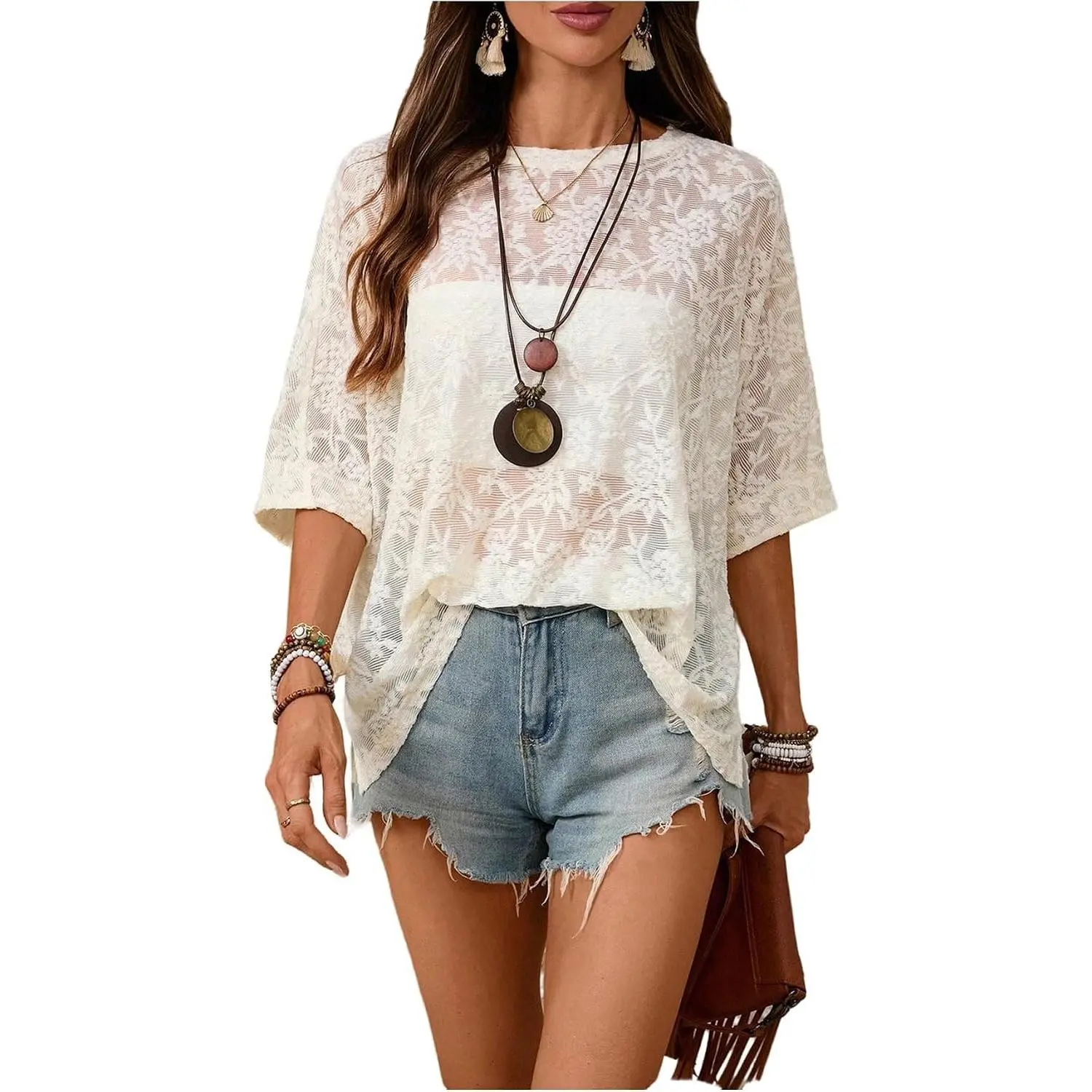 Women's Floral Mesh Tops Short Sleeve Crew Neck See Through T Shirts Vacation Festival Outfit