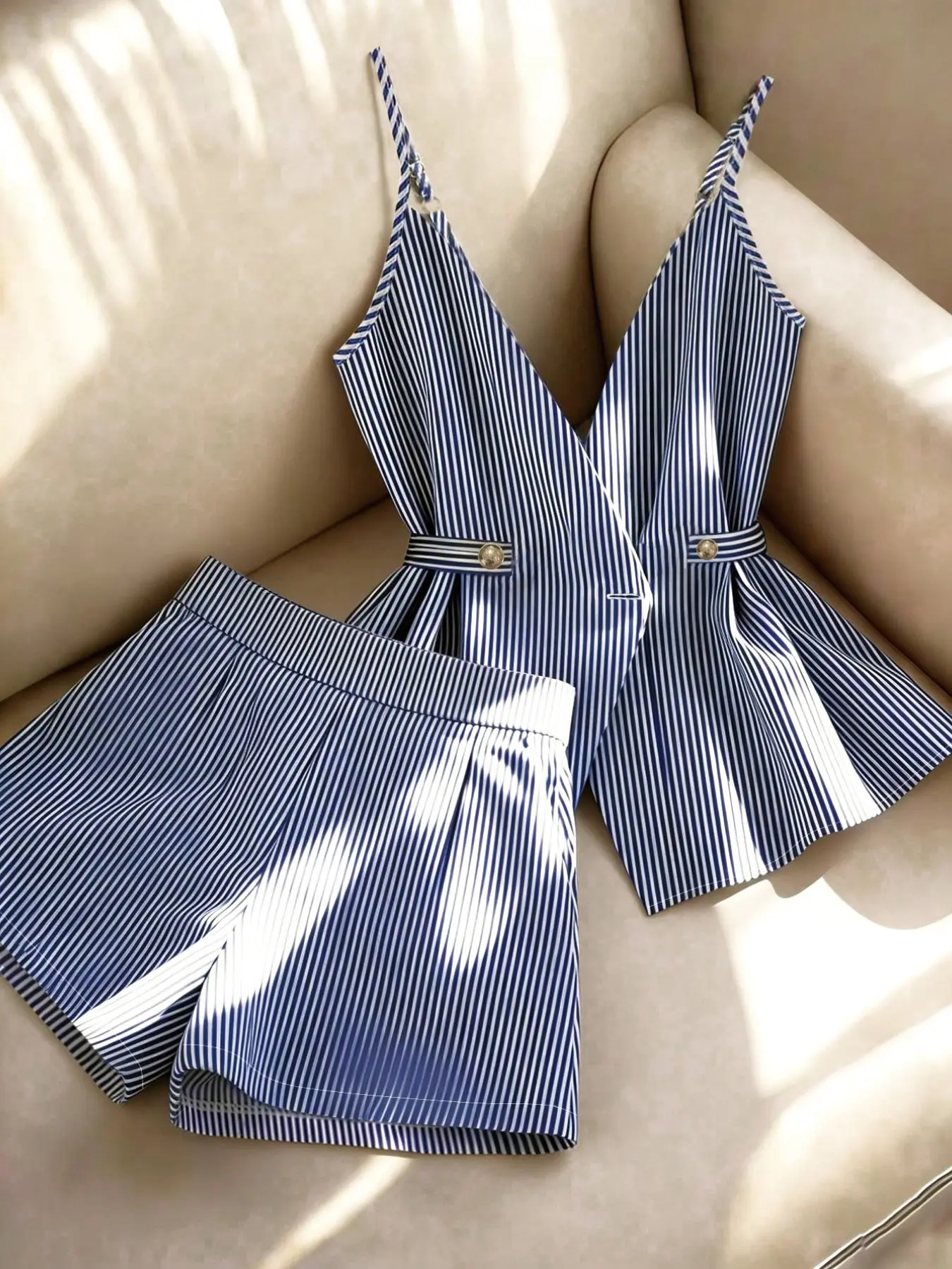 Women's Spaghetti Strap V Neck Tie Waist Top & High Waist Wide-Leg Shorts 2 Piece Set, Blue & White Striped Print Matching Outfit, Casual Co-ord Set for Beach, Vacation, Date Night & Daily Wear, Trendy Summer Wear, Aesthetic Lightweight Ladies Clothes