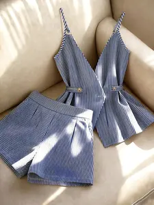 Women's Spaghetti Strap V Neck Striped Tie Waist Top & High Waist Wide Leg Shorts 2 Piece Set, Blue White Nautical Matching Outfit, Casual Suit for Beach, Vacation, Brunch, Date Night, Daily Shopping & Trendy Summer Coastal Streetwear for Ladies Clothes