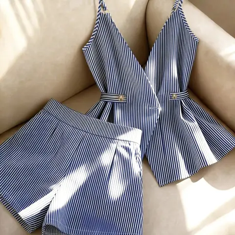 Women's Spaghetti Strap V Neck Tie Waist Top & High Waist Wide-Leg Shorts 2 Piece Set, Blue & White Striped Print Matching Outfit, Casual Co-ord Set for Beach, Vacation, Date Night & Daily Wear, Trendy Aesthetic Summer Wear Lightweight Ladies Clothes